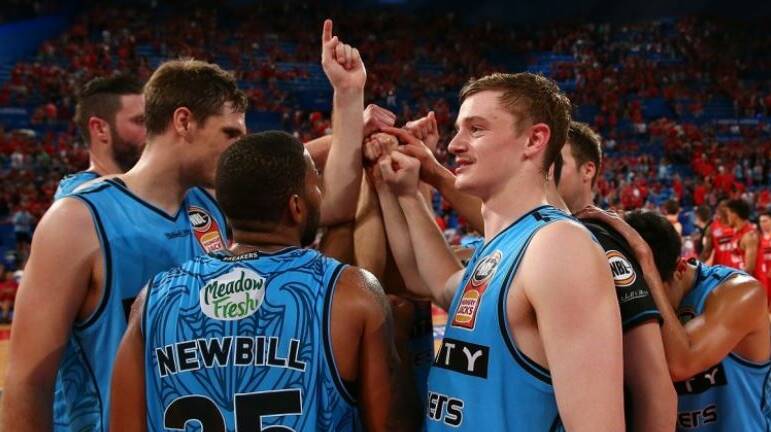 The New Zealand Breakers after their win in Perth. Photo: NBL