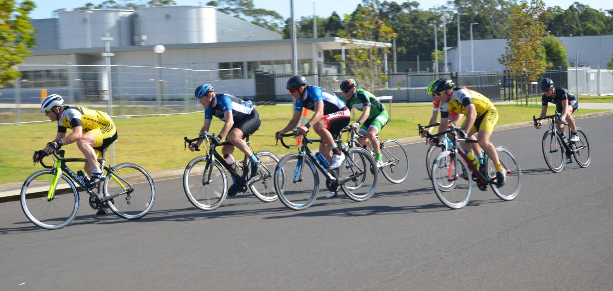 Close quarters racing:  Steve Gendek leads the B grade race during the Nowra Velo Club criteriums at the Albatross Aviation Tech Park last weekend. Gendek eventually finished fourth.