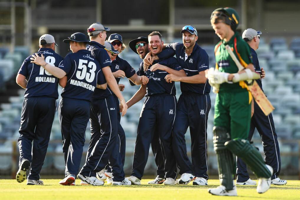 Nic Maddinson (53) and his team mates celebrate their victory against Tasmania. Photo: CRICKET VICTORIA