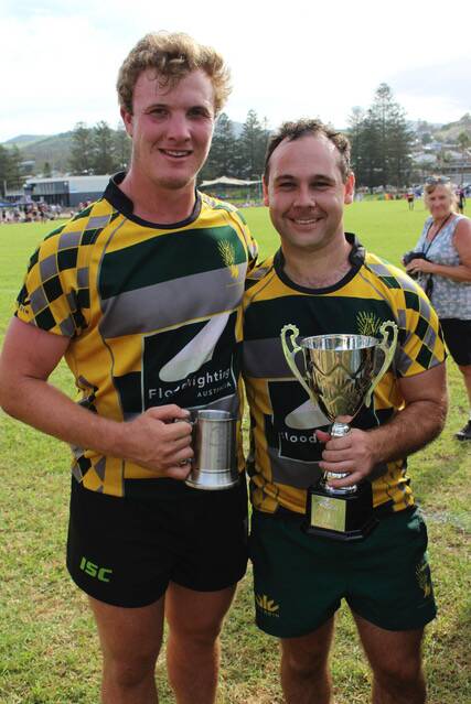 Shoalhaven's George Miller and Steven Brandon after their Kiama Sevens Bowl victory. Photo: Susan Fielding