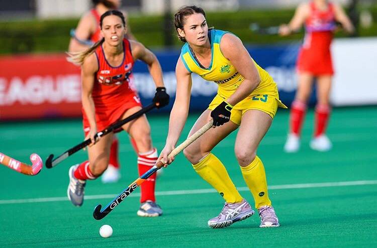 Mollymook's Kalindi Commerford in action for the Hockeyroos against the US. Photo: USA Field Hockey/Mark Palczewski