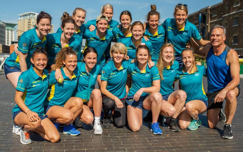 Grace Stewart (back row, sixth form left), Kalindi Commerford (front row, fifth from left) and their Hockeyroos team mates. Photo: HOCKEY AUSTRALIA
