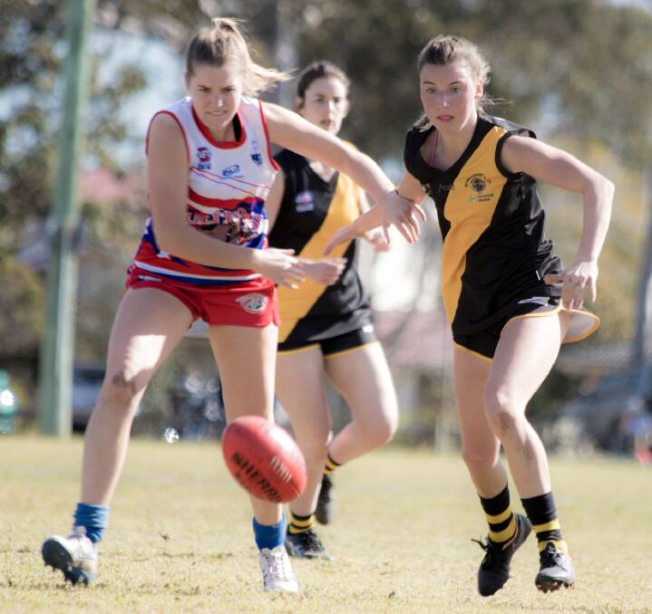Bomaderry's Brooke Swankie tries to win possession for her team against the Bulldogs. Photo: TEAM SHOT STUDIOS