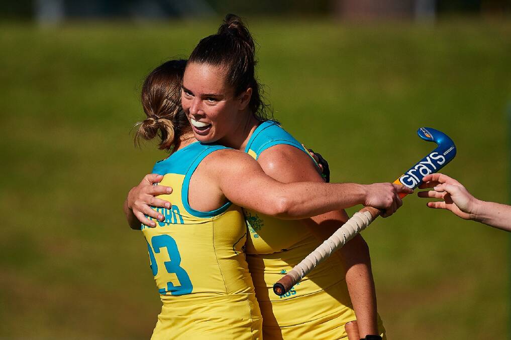 Kalindi Commerford and Grace Stewart celebrate a goal against Russis. Photo: HA