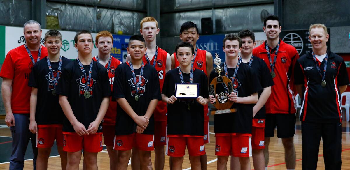 Seth Pearman (third front left), Josh Costain (third from right) and their Illawarra Hawks side after winning the NSW State Championship recently.  NSW Photo: BNSW Media