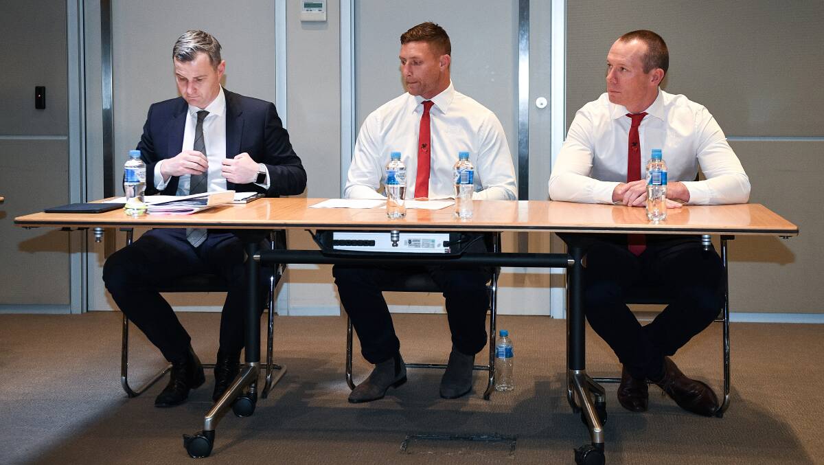 St George Illawarra Dragons player Tariq Sims (centre) attends the judiciary hearing at NRL Rugby League Central in Sydney. Photo: Dan Himbrechts
