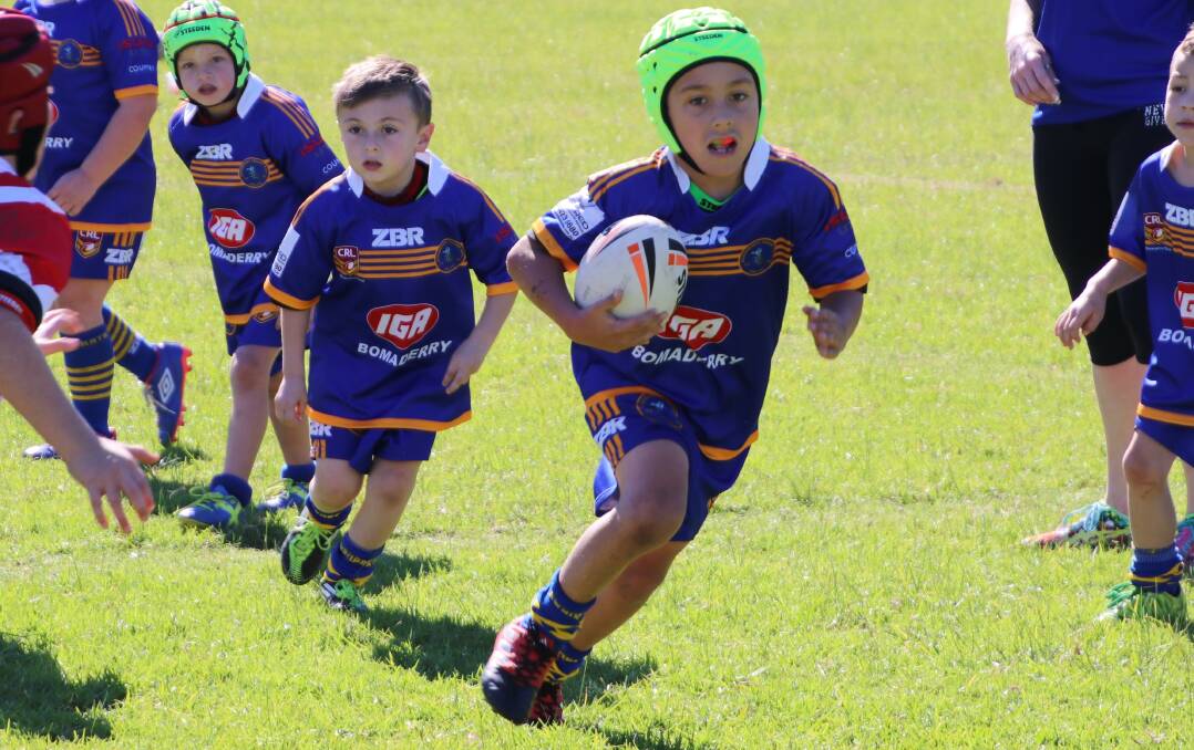 Try fest: Bomaderry's under 7 player Lincoln Reshe-Whitting who scored six awesome tries in his side's 52-48  win over Berry.