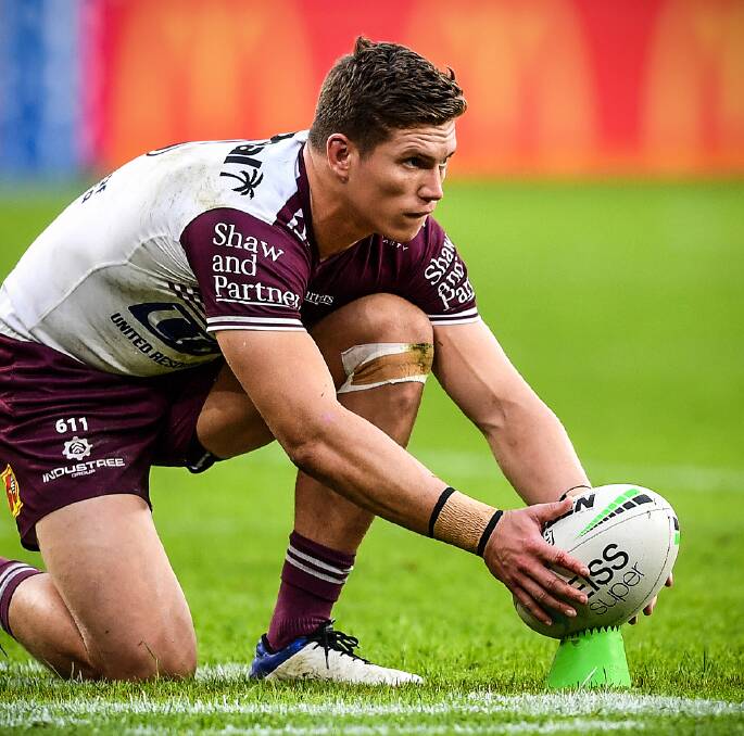 Gerringong's Reuben Garrick lines up to convert one of Manly-Warringah's 11 tries on Saturday. Photo: Sea Eagles