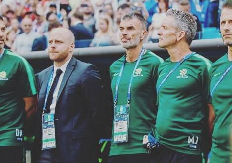 Joel Freeme stands on the sidelines for a national anthem at the 2018 FIFA World Cup. Photo: Supplied