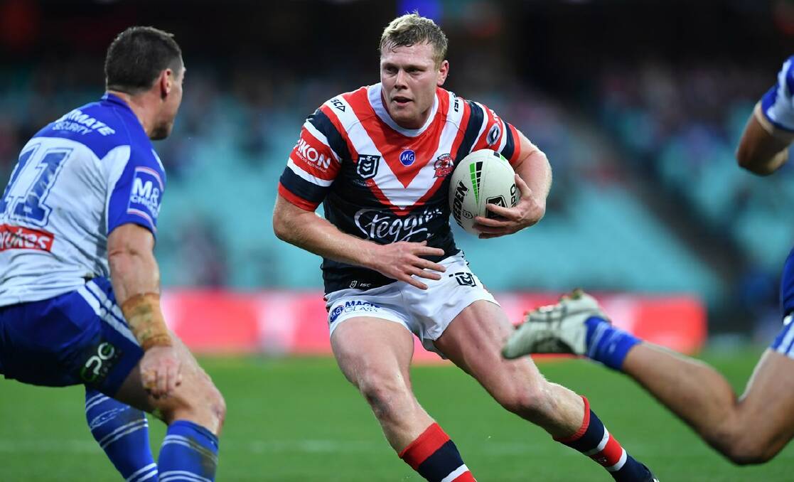 Roosters' Drew Hutchison makes a run against the Bulldogs in 2019. Photo: ROOSTERS MEDIA