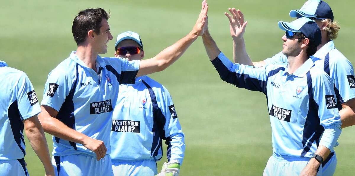 Matthew Gilkes (wicket-keeper) and his Blues teammates celebrate a wicket on Thursday. Photo: Cricket NSW
