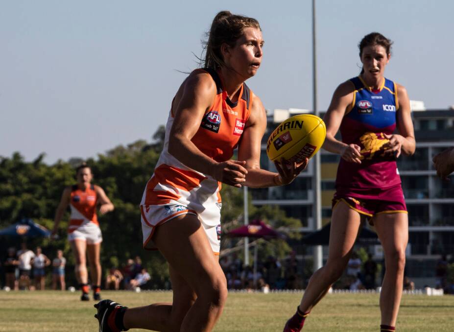 Maddy Collier looks for a handball during the Giants practice match with the Brisbane Lions. Photo: Ryan Miller - GIANTS Media