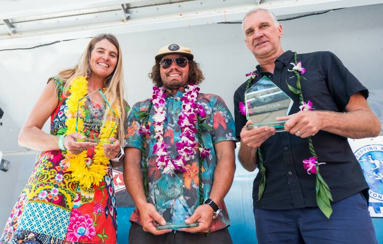 Pam Burridge, Timmy Reyes and Barton Lynch were honoured at this year's Surfing Walk of Fame. Photo: Ginsberg/DriftwoodFoto