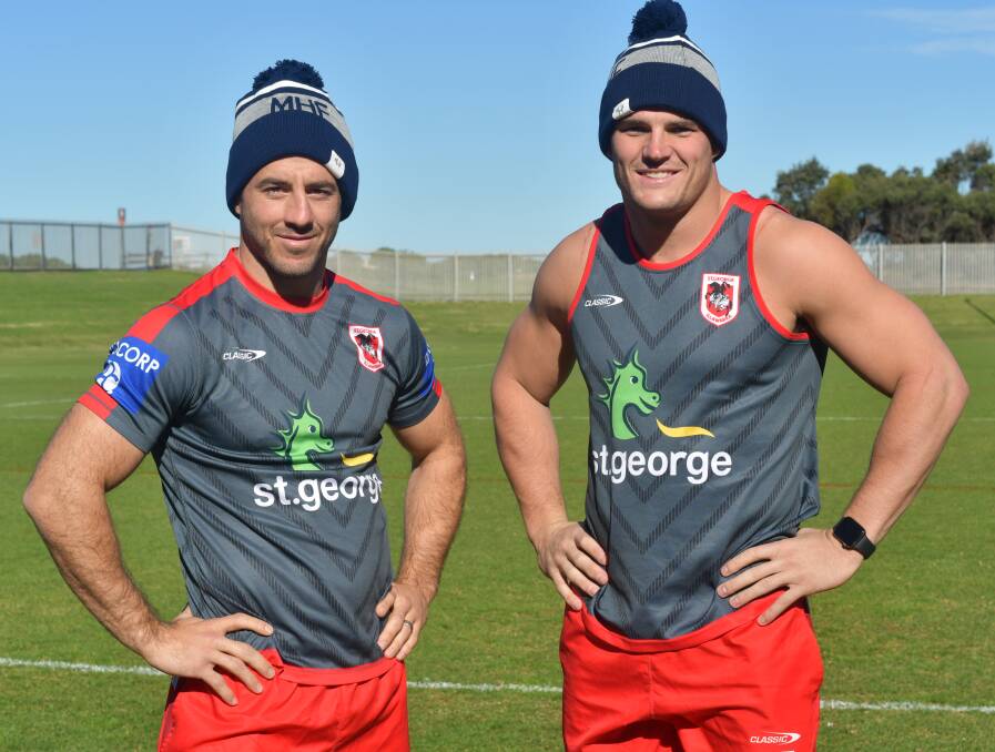 Ben Hunt and Jackson Ford so their support for the Beanie for Brain Cancer Round. Photo: Dragons Media