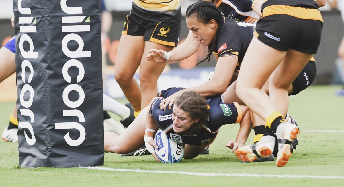 ACT Brumbies' Harriet Elleman attempts to score a try against RugbyWA during the recent Super W competition. Photo: Dion Georgopoulos