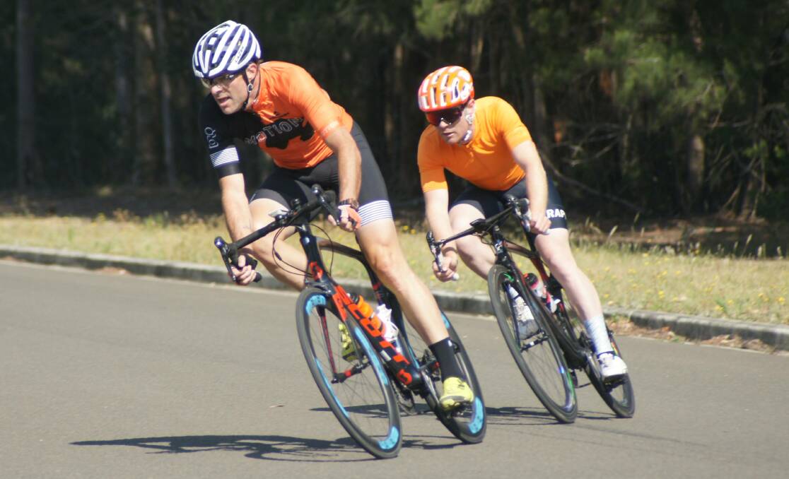 Breakaway pair: Mark Astley and Aaron Coghlan race to the finish in Sunday's Nowra Velo Club Division 1 criterium.