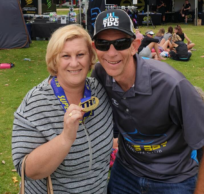INSPIRATIONAL EFFORT: Jervis Bay Triathlon Club's Tina Christopher and Pat McGill after the 'Little Husky' race on Sunday morning.