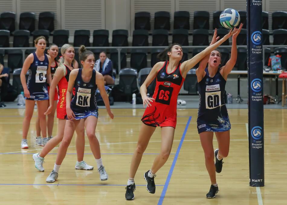 South Coast Blaze's Emily Dunn and Sophie Fawns in action against the Manly Warringah Sapphires on Wednesday. Photo: Clusterpix Photography