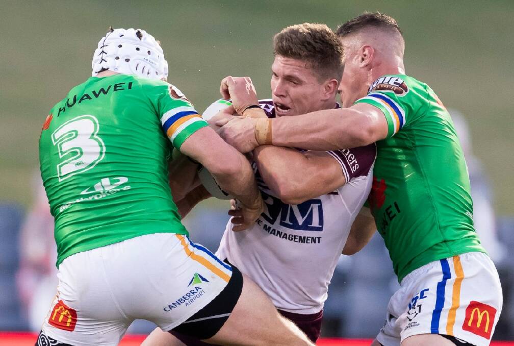 Gerringong's Reuben Garrick takes a hit-up for Manly-Warringah against Canberra on Sunday. Photo: Sea Eagles Media