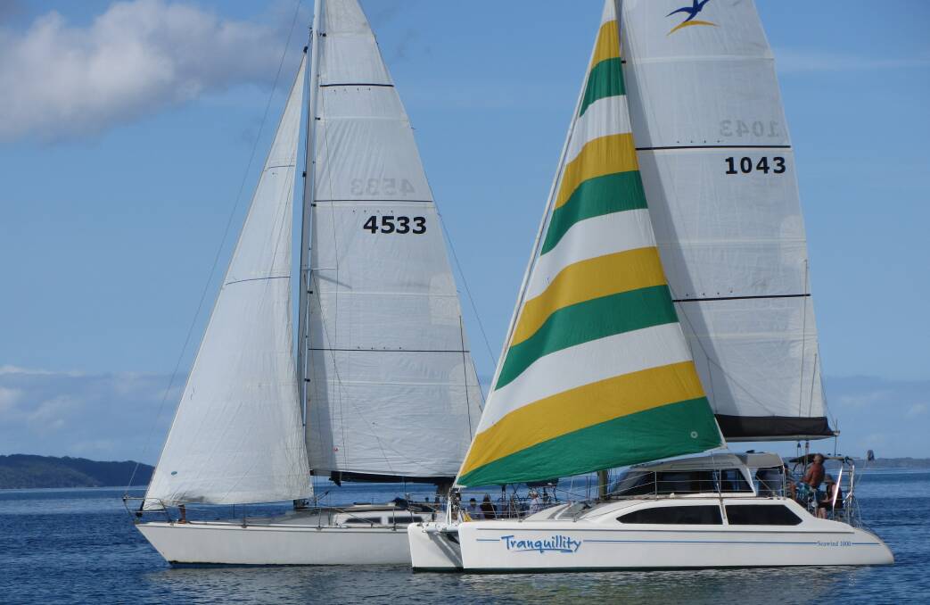 Slow start: The catamaran Tranquillity, the eventual winner of the Round the Bay Series, has its wind blocked by Invincible at the race start. 