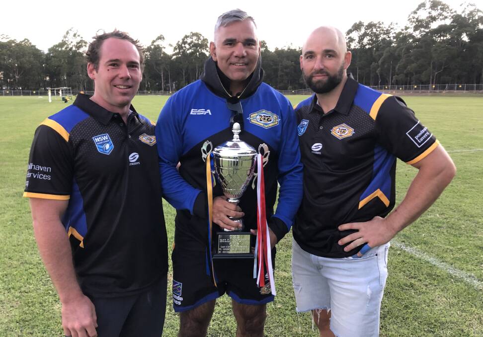 Nowra-Bomaderry's Kurt Quinlan, Ben Wellington and Nathan Falzon with the Bill Brown Cup. Photo: Courtney Ward
