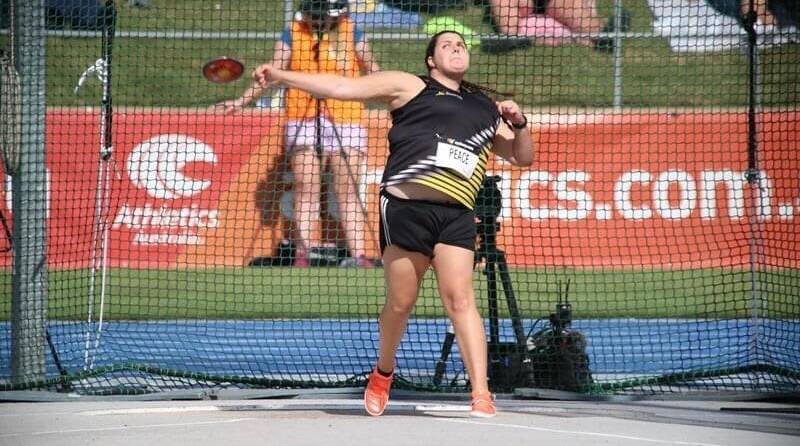 Nowra Athletics Club's Samantha Peace lets the discus fly at the 2021 Australian Track and Field Championships. Photo: Supplied