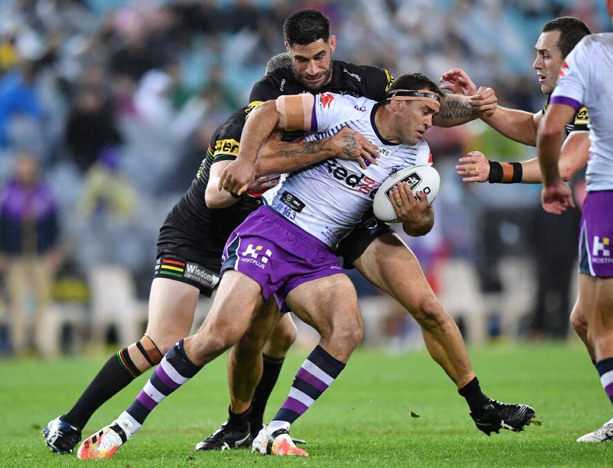 Storm's Dale Finucane takes a hit-up on Sunday against the Panthers. Photo: Gregg Porteous/NRL Imagery