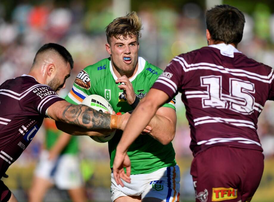 Jack Murchie takes a hit-up for the Raiders against the Sea Eagles in 2019. Photo: NRL Imagery