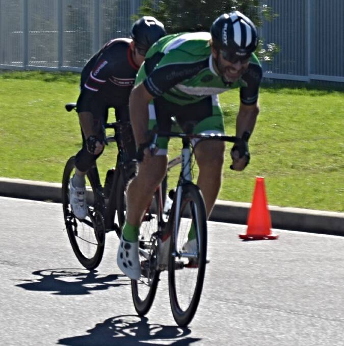 Too strong: Richard Vitiello sprints to the finish, winning by three lengths over a bunch of eight other riders in Nowra Velo Club's 42-kilometre road race on Sunday.