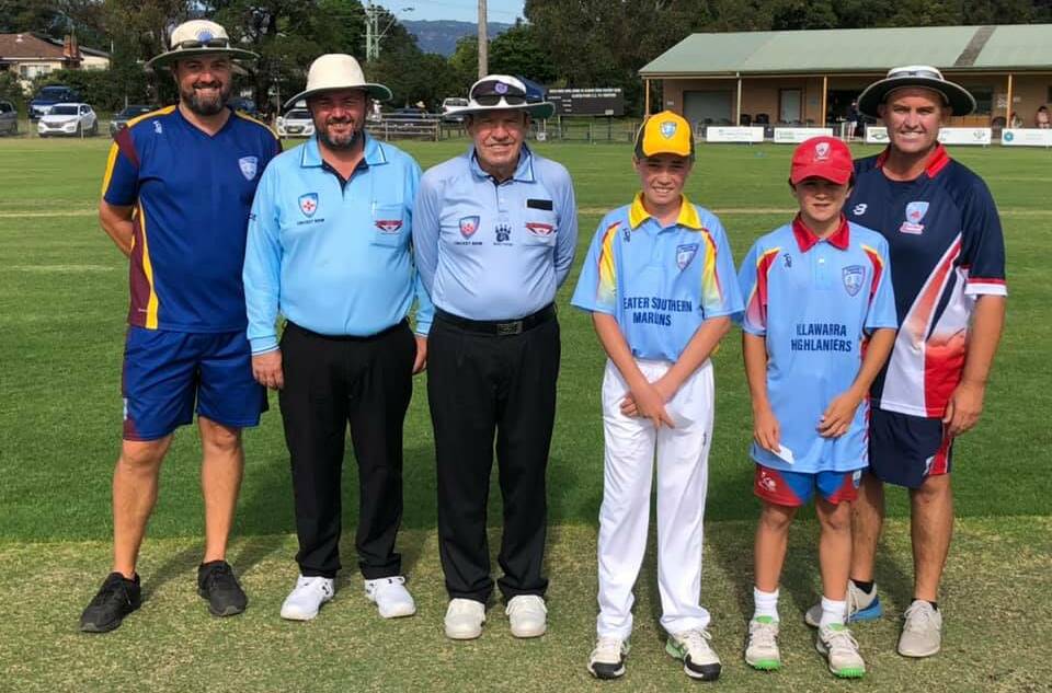The coaches, captains and umpires at Keith Grey Oval on Sunday.