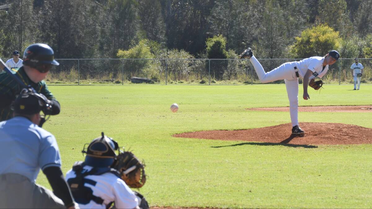 Shoalhaven Mariners' Will Page Allen fires in a pitch on Saturday. Photo: Supplied