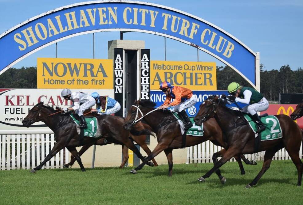 Robert and Luke Price's Shapur wins the 1200m class one handicap at Nowra on Sunday. Photo: SHOALHAVEN CITY TURF CLUB