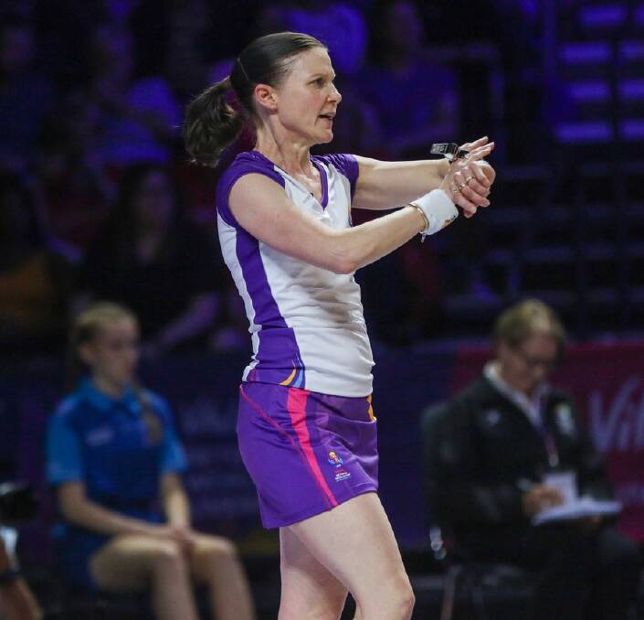 Helen George umpires during the 2019 Netball World Cup at Liverpool. Photo: DANNY DALTON/NETBALL SCOOP