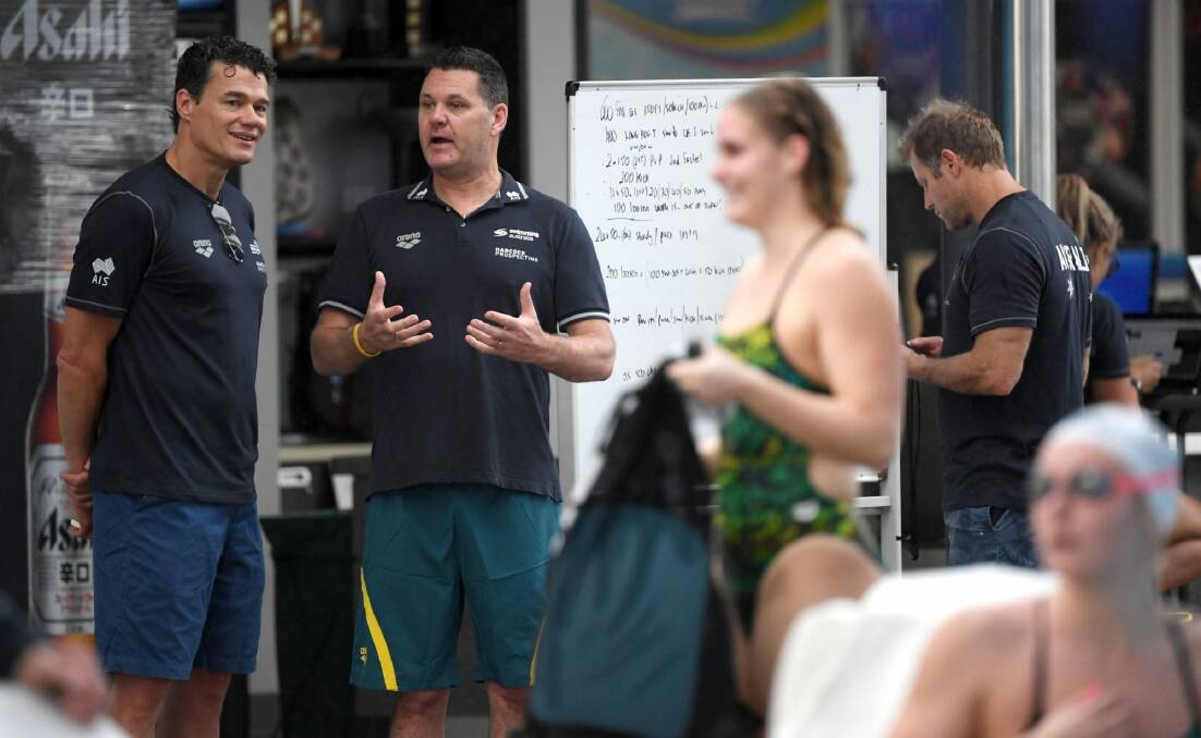 Outgoing national head coach Jacco Verhaeren with his newly appointed successor Rohan Taylor. Photo: Delly Carr/Swimming Australia