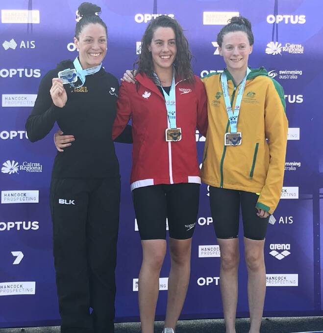 ALL SMILES: New Zealand’s Sophie Pascoe, Canada’s Aurelie Rivard and Australia's Jasmine Greenwood on the s10 50m freestyle podium, at the recent Pan Pacific Para Swimming Championships. Photo: SWIMMING AUSTRALIA