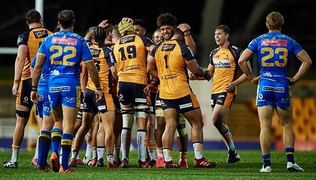 The ACT Brumbies celebrate a try in their win against the Western Force on Saturday. Photo: Super Rugby
