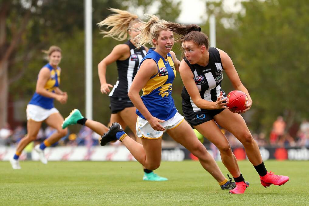 West Coast's Maddy Collier chases down a Collingwood opponent during last weekend's match with the Magpies. Photo: EAGLES MEDIA