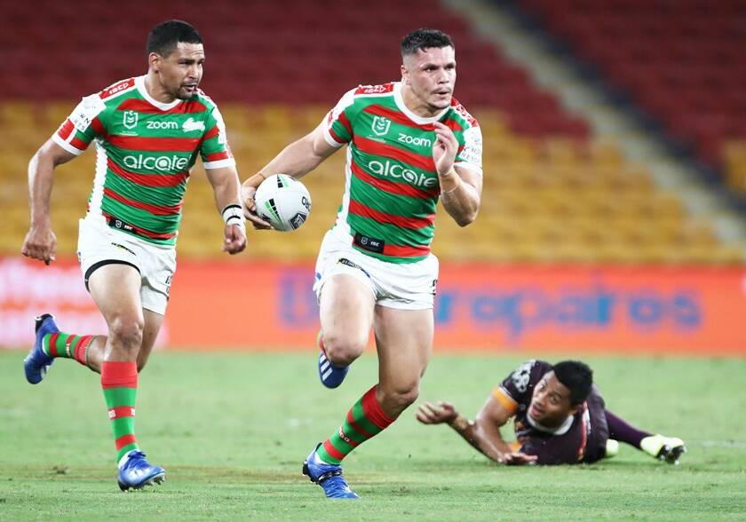Nowra-bornw Cody Walker supports teammate James Roberts against the Broncos on Friday. Photo: RABBITOHS MEDIA