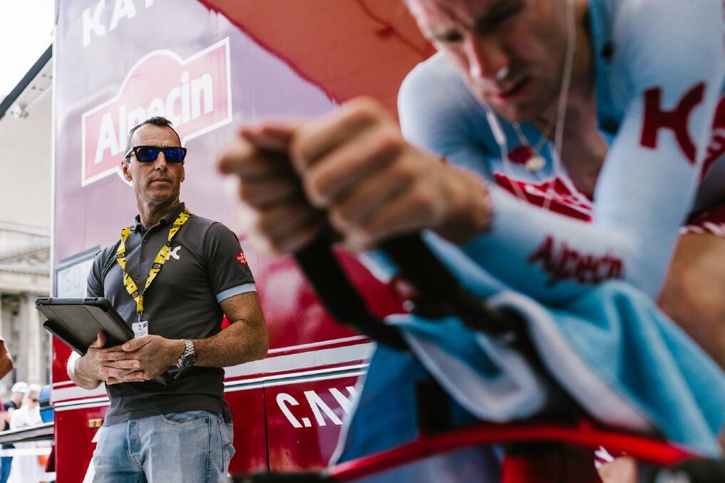 Kevin Poulton keeps an eye on one of his riders during the 2019 Tour de France. Photo: Kathrin Schafbauer 