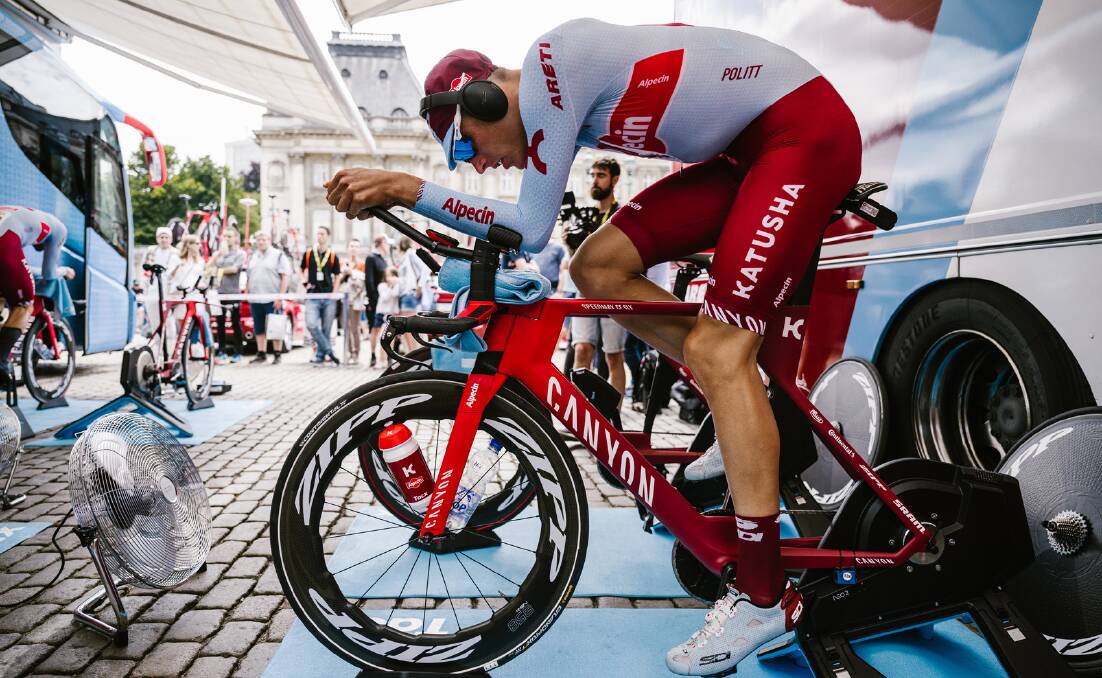 A Team Katusha Alpecin rider warms-up during the 2019 Tour de France. Photo: Kathrin Schafbauer 