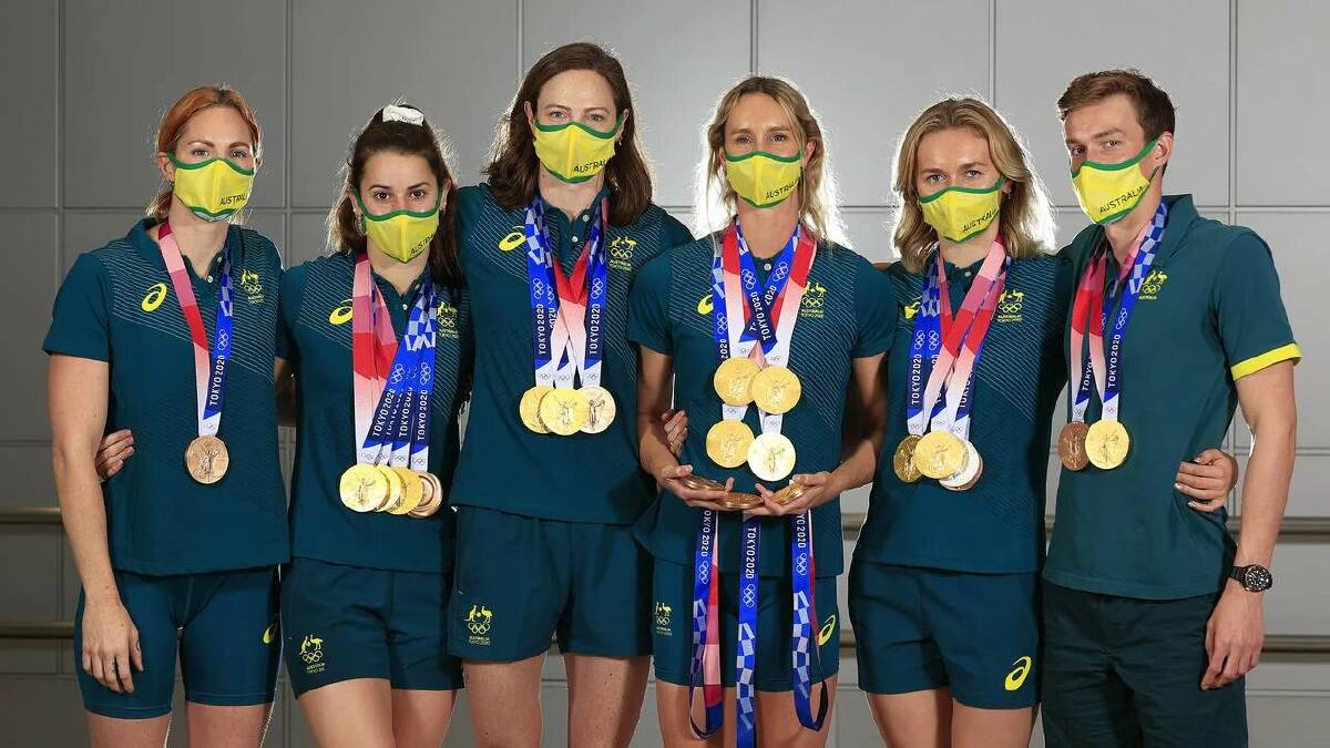 Swimming superstars Emily Seebohm, Kaylee Mckeown, Cate Campbell, Emma McKeon, Ariarne Titmus and Zac Stubblety-Cook. Photo: Adam Head