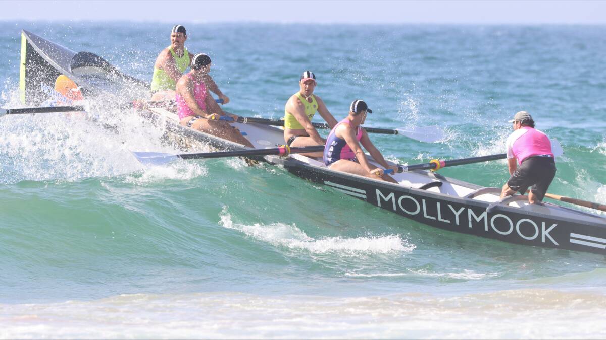 Mollymook's A reserve men's surfboat crew of Marty Drysdale (sweep) Steve Craig, Ben Wolski, Gary Warburton and Rhys Austin. Photo: KEN BANKS