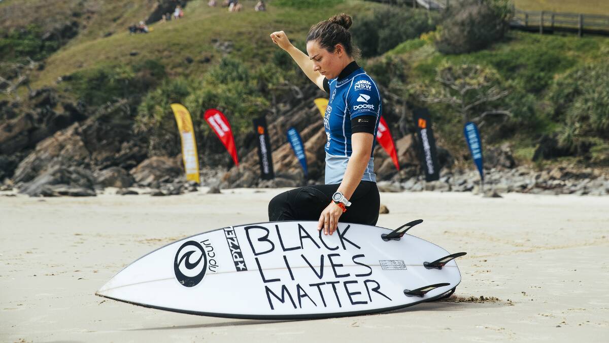 Culburra Beach's Tyler Wright knelt for 439 seconds for Black Lives Matter on Sunday. Photo: WSL/