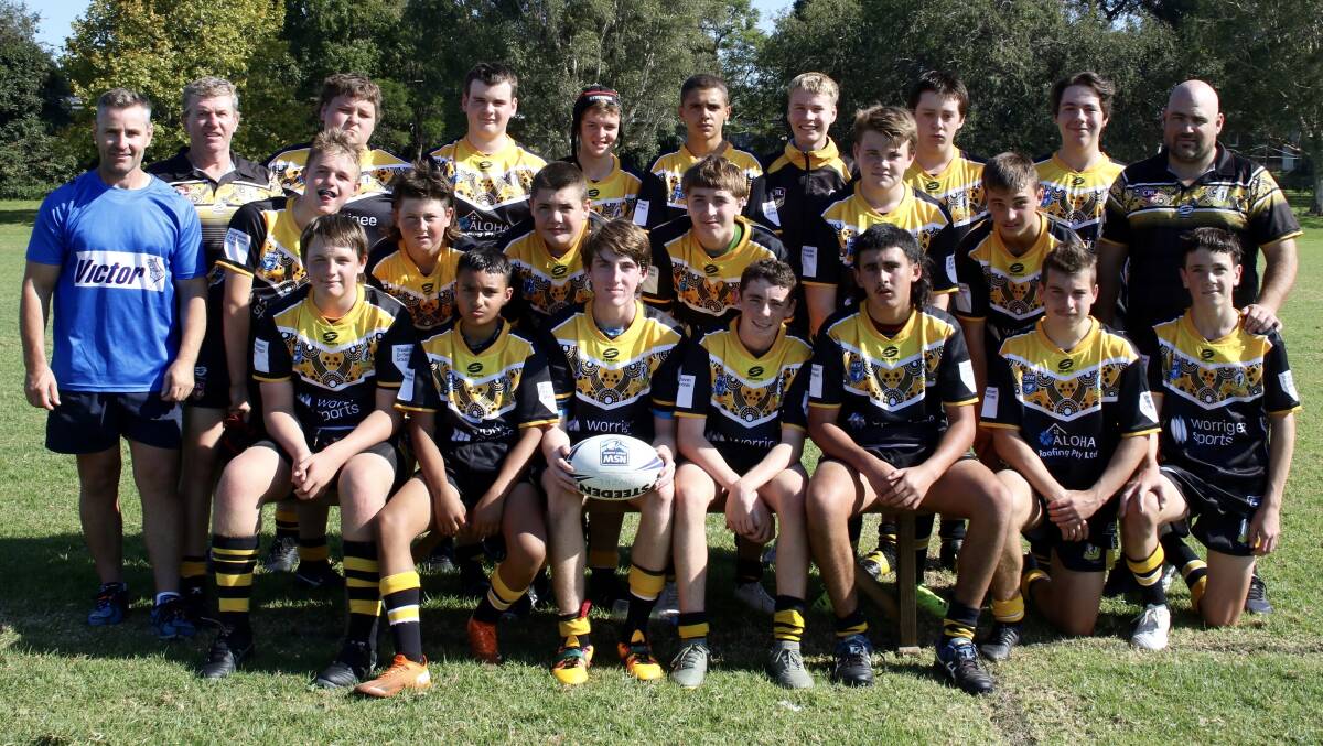 The 2021 Nowra Warriors under 15s team pictured with coaches Chris Regan and Sean Cruickshank as well as sports trainer Peter Soper. Photo: Kerrie Regan