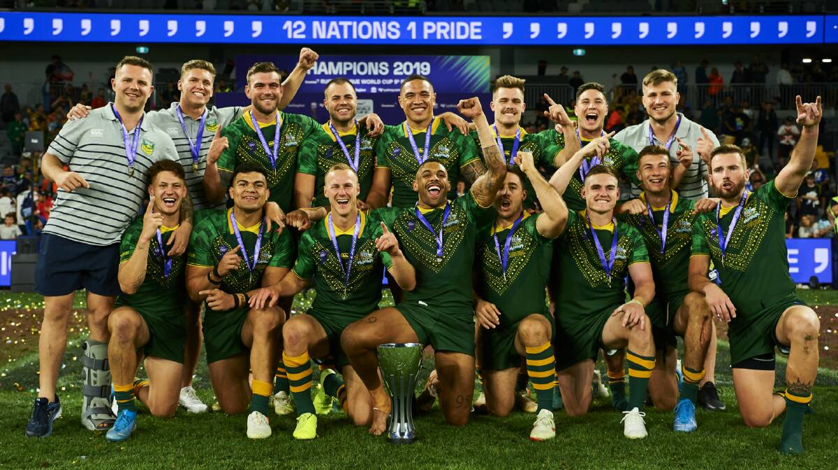 Reuben Garrick (back row, second from left) and his Australian side. Photo: NRL PHOTOS