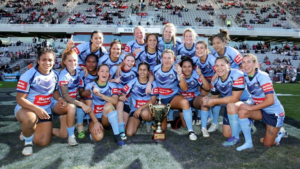 Ruan Sims (front row, fourth from right) and her NSW women's team after winning the Interstate Challenge in 2017. Photo: NSWRL
