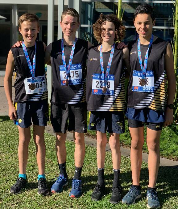 Medallists: The team of Cooper Barrett, Nash Hay, Jacob Pepper and Will Dyball picked up bronze in the Under 16s event at the Ourimbah Athletics NSW Street Relays.