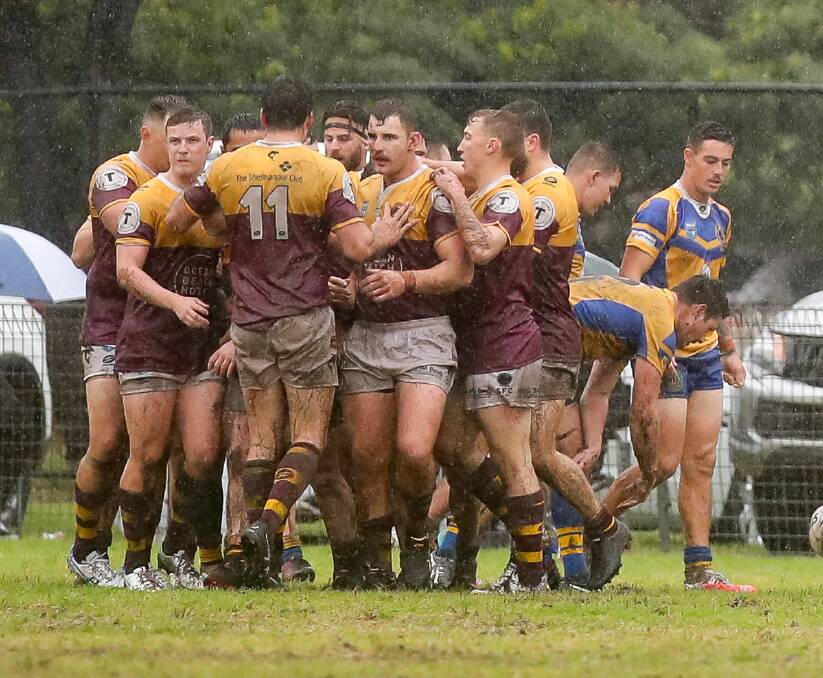 Ryan McCracken and his Sharks celebrate a try against Warilla-Lake South in round one. Photo: Adam McLean