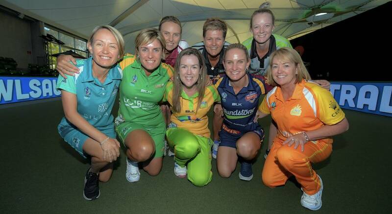 Karen Murphy (second from left) and her Bowls Premier League rivals. Photo: Dave Lintott Photography