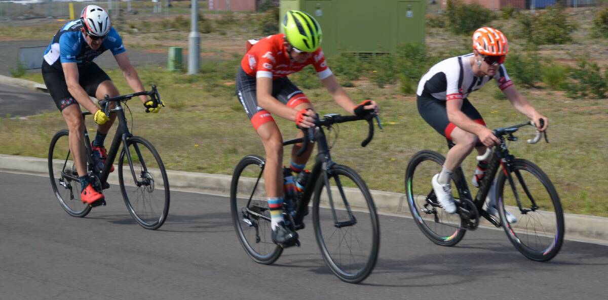 Winning move: Aaron Coghlan leads Coby Muir and Phil Rice in Sunday's Nowra Velo Club criteriums.